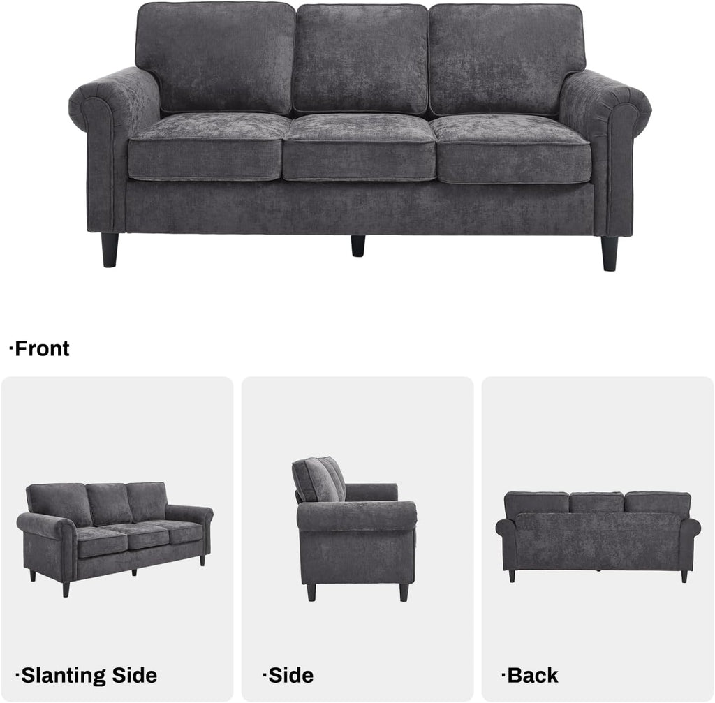 Kingfun 3 Seater Couch, Mid Century Modern Sofa Set with Rolled Arms and Deep Seats, Fluffy Comfort for Living Room, Apartment, Easy Assembly, Gray