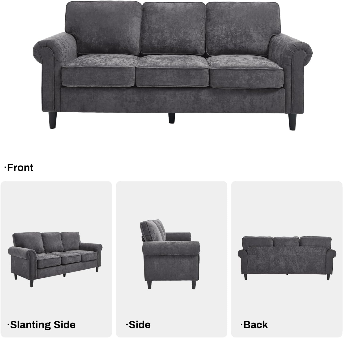 Kingfun 3 Seater Couch, Mid Century Modern Sofa Set with Rolled Arms and Deep Seats, Fluffy Comfort for Living Room, Apartment, Easy Assembly, Gray