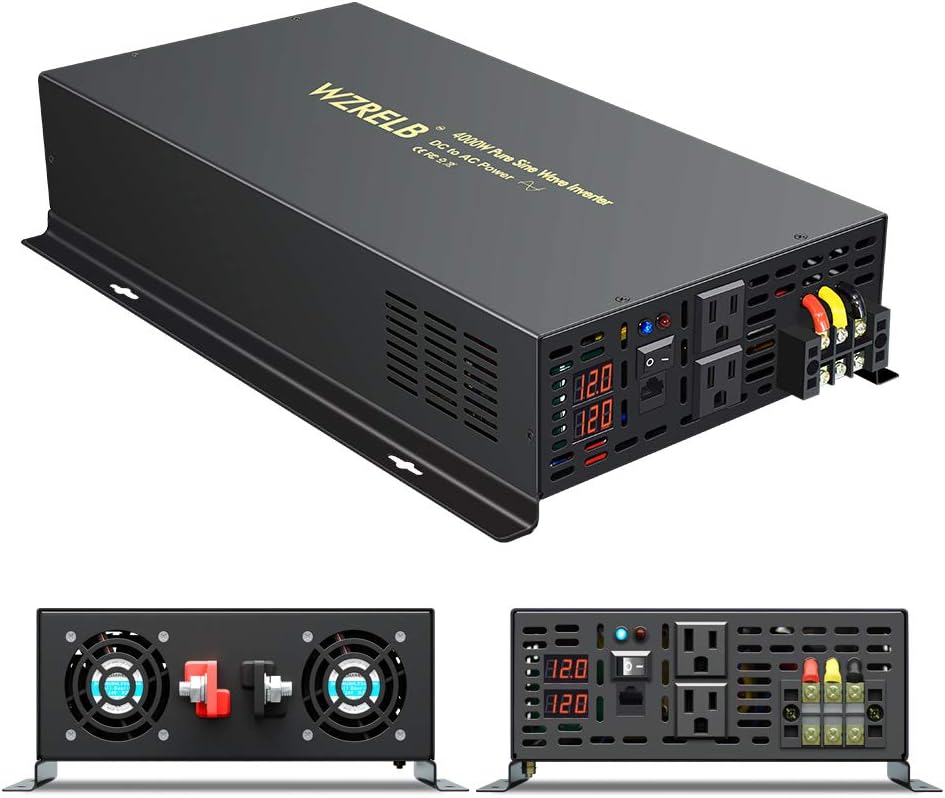 WZRELB 4000W 12VDC 120VAC Pure Sine Wave Power Inverter, 2 AC Outlets, Wired Remote Control, RV (RBP-400012WR)