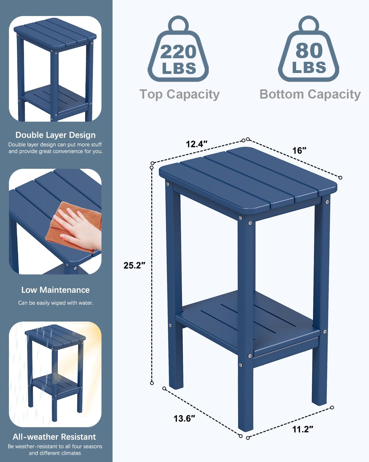 NAVINE 3-Piece Outdoor Rocking Chair Set, Oversized Porch Rocking Chair Set of 2 with Side Table, HDPE High Back Patio Rocking Chair, Suitable for Patio, Porch, Backyard, Navy Blue