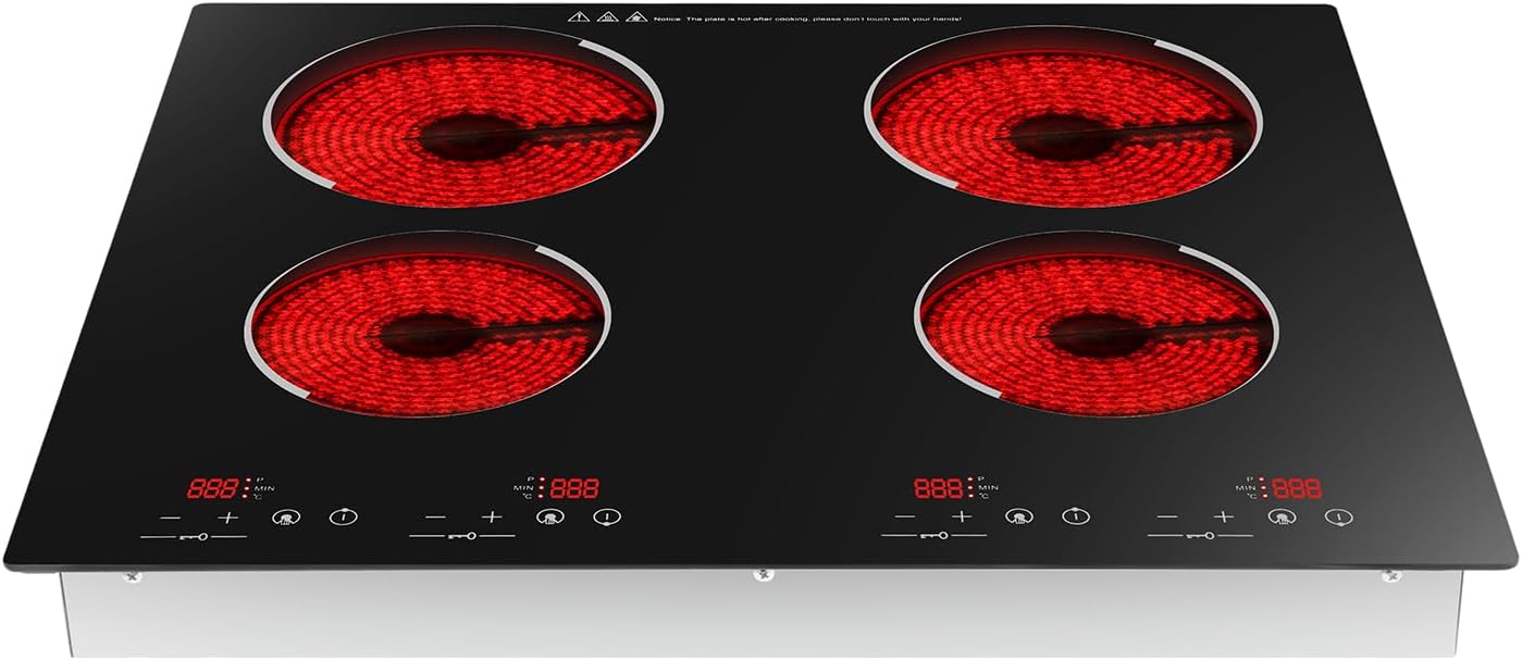Electric Cooktop, 24 Inch 4 Burner Ceramic Cooktops with Timing Function Child Lock Electric Ceramic Stove Top 9 Heating Levels 110V 3800W