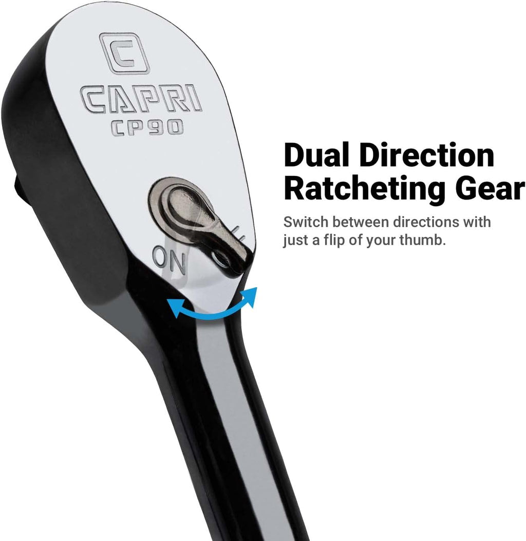 Capri Tools Fine 90-Tooth Extra Long Ratchet Set, Ergonomic Soft Grip, 1/4, 3/8, 1/2 in. Drive, 3-Piece