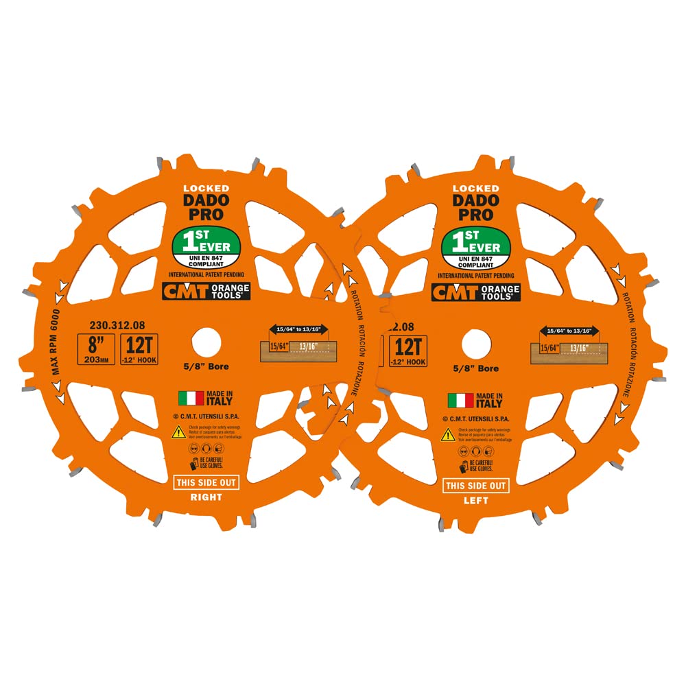 CMT ORANGE TOOLS 230.312.08 DADO Set Saw Blade HW D=8' B=5/8' Z12 FTG+ATB Orange PTFE