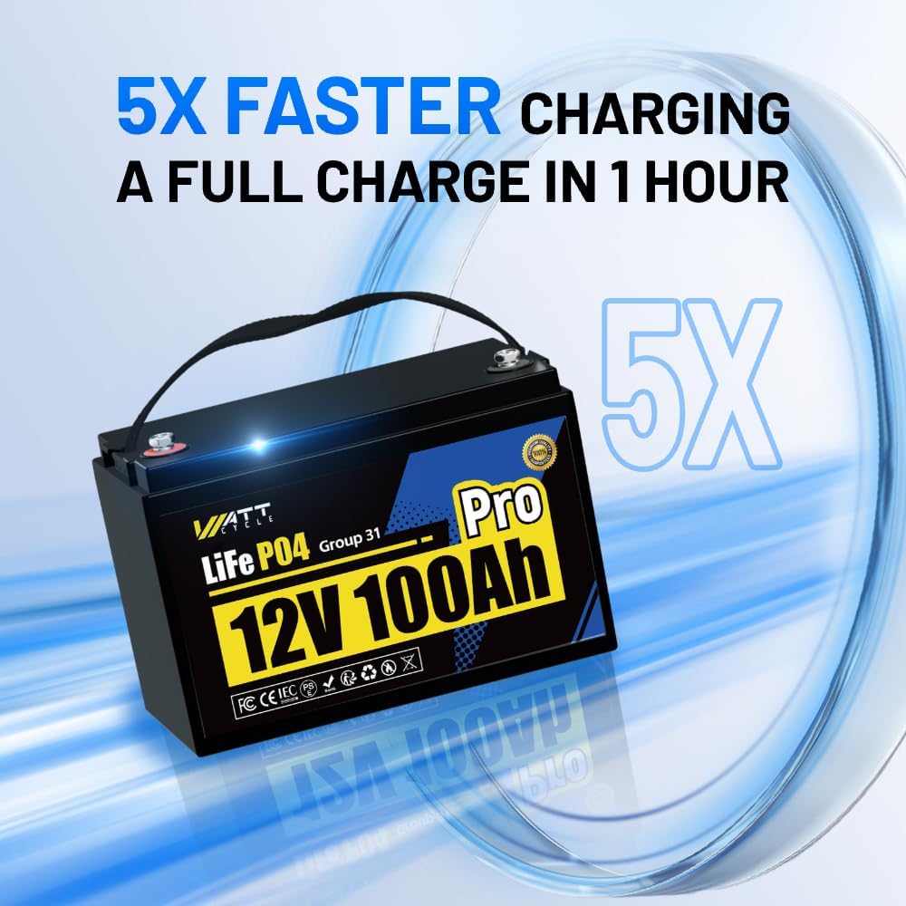 WattCycle 12V 100Ah LiFePO4 Lithium Battery, 1.28kWh BCI Group 31, Built-in 110A BMS & Low-Temperature Protection, 15000+ Deep Cycles Lithium RV Batteries for Home Energy, Marine, Solar