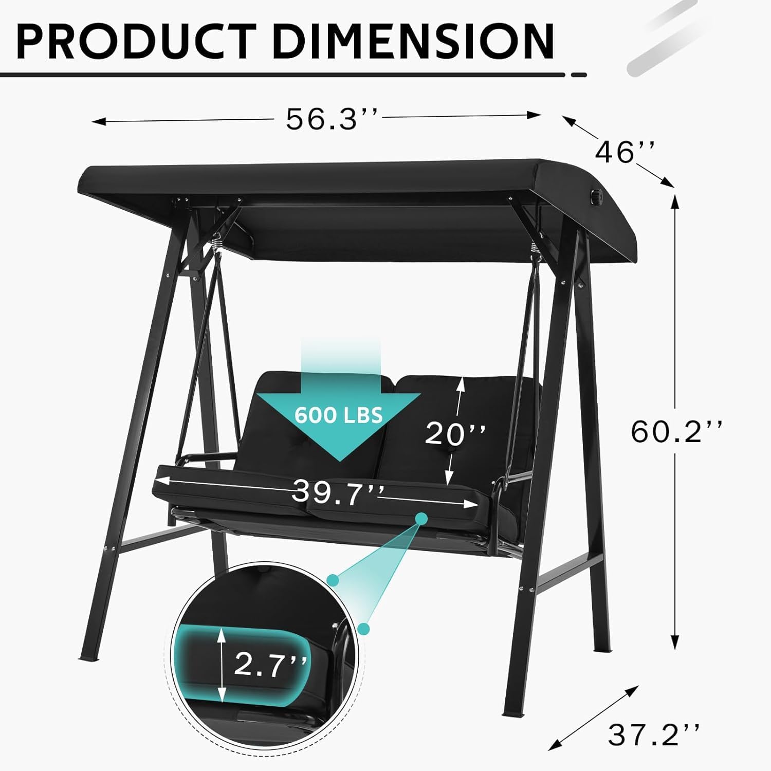 AECOJOY 2-Seat Outdoor Patio Swing Chair with Adjustable Canopy, Porch Swings Chairs for Adult, Outside Swing Bench with Removable Cushion, Suitable for Backyard, Garden, Yard, Poolside, Balcon, Black
