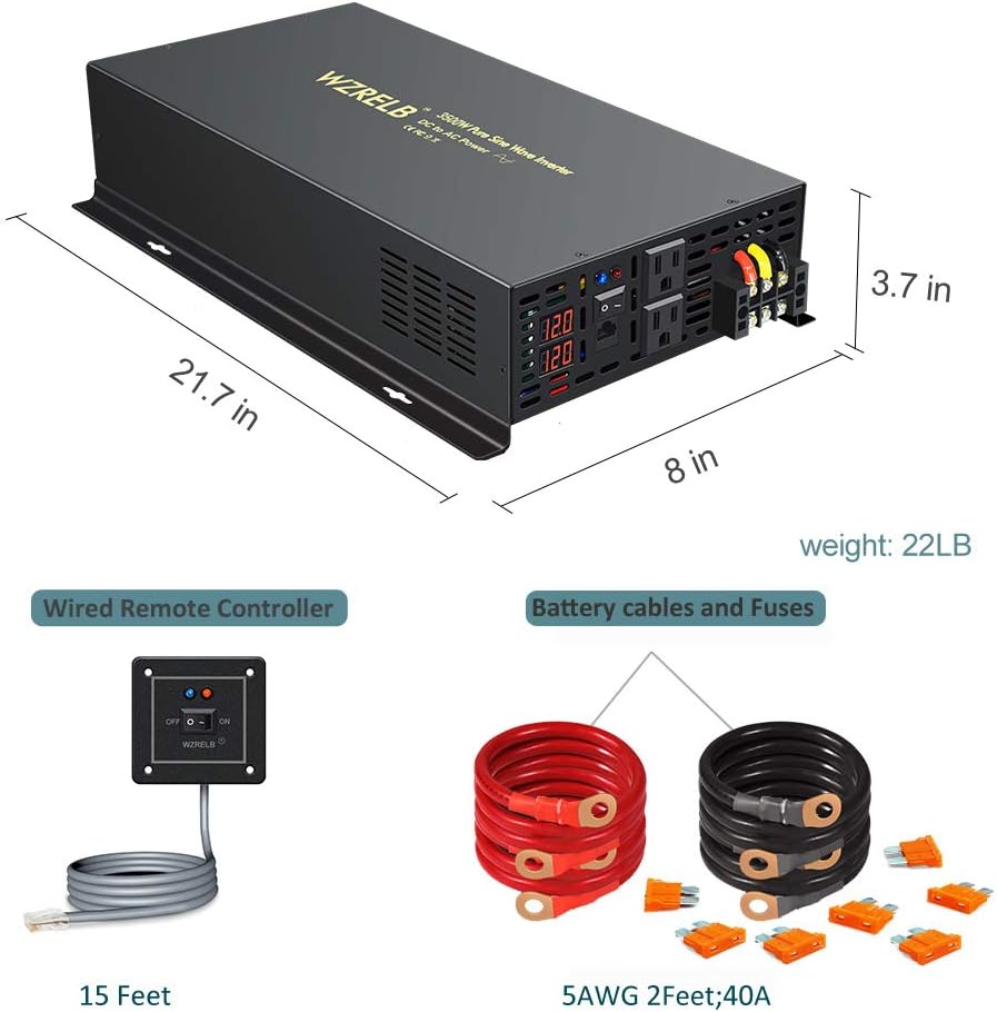 WZRELB 3500W 12VDC 120VAC Pure Sine Wave Power Inverter, 2 AC Outlets, Wired Remote Control, RV (RBP-350012WR)