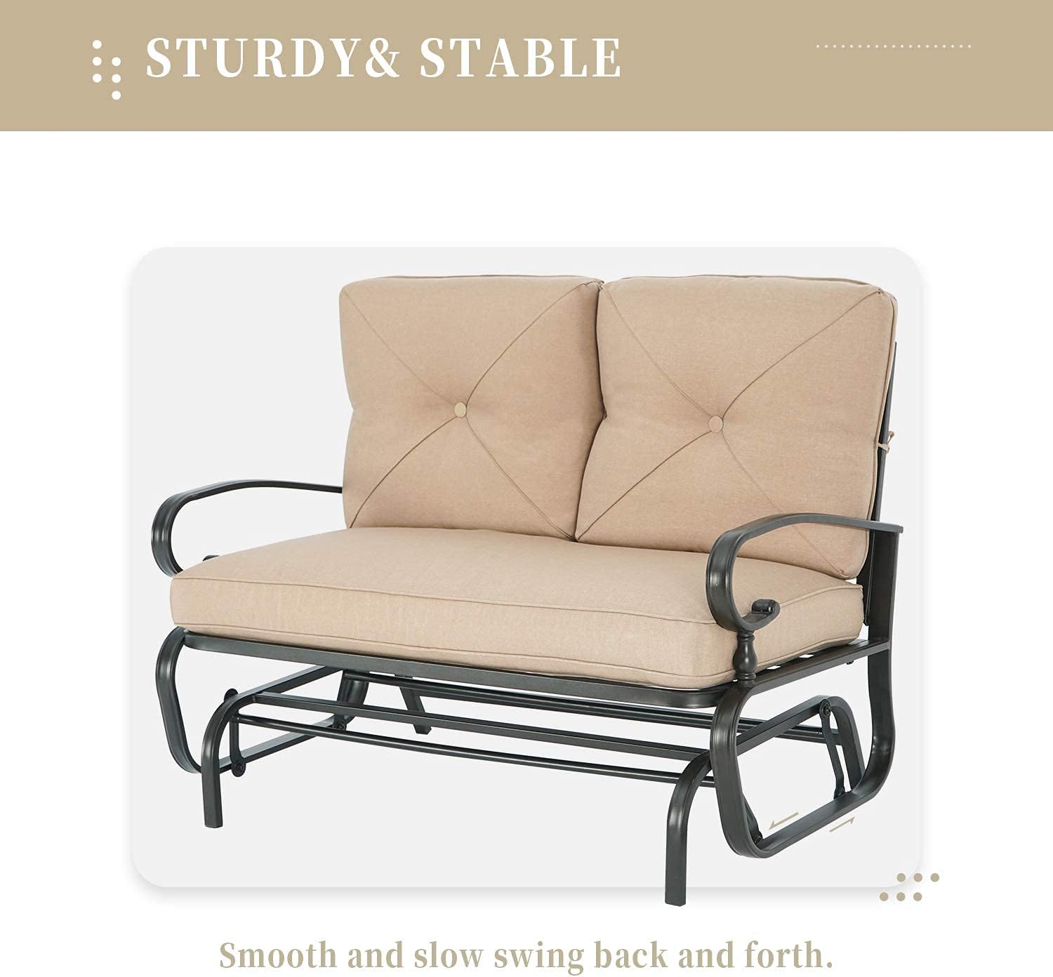 SUNCROWN Outdoor Swing Glider Chair, Patio 2 Seats Loveseat Rocking Chair with Cushions, Steel Frame Furniture - Brown