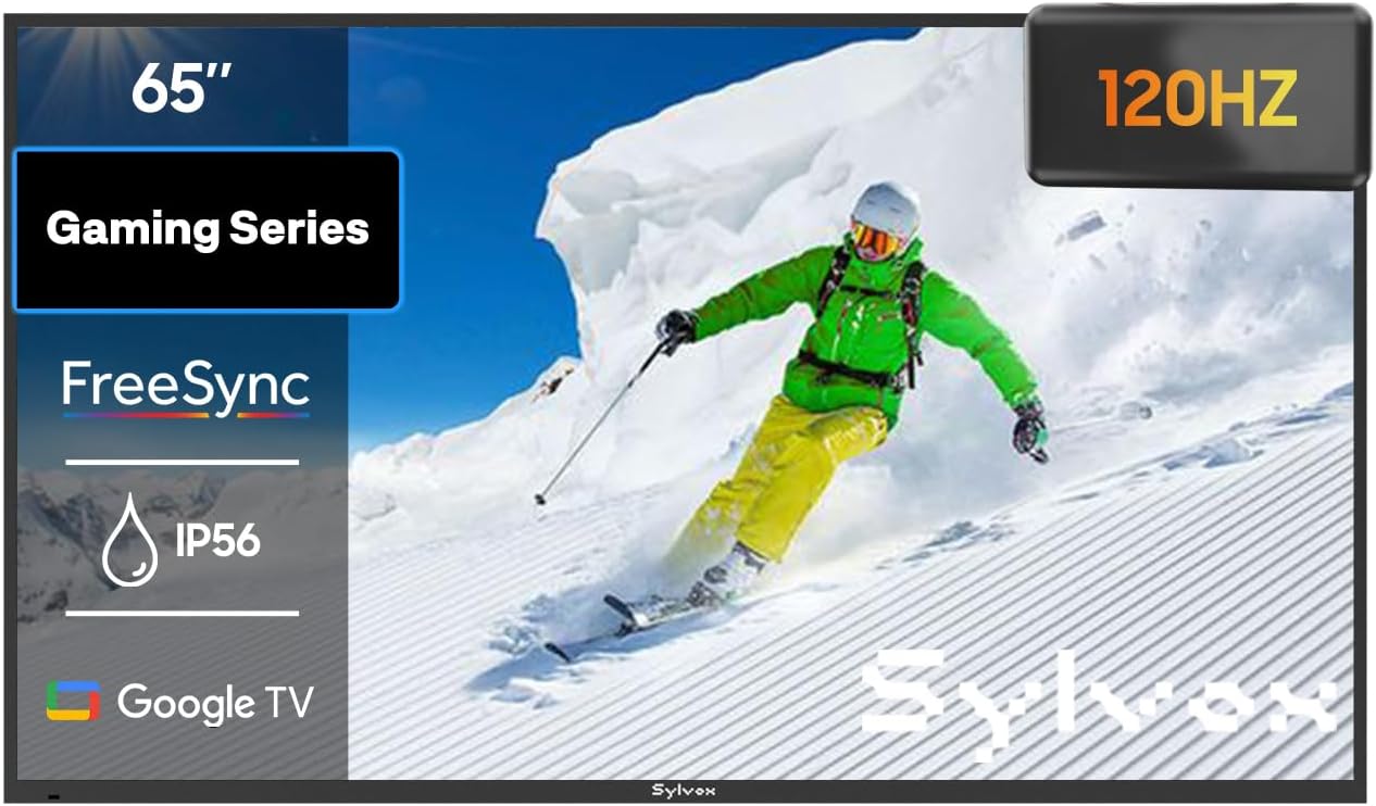 SYLVOX 65'' Outdoor TV, Premium 4K@120Hz Weatherproof TV for Smoother Sports & Gaming | IP55 Waterproof, 1000nits Brightness, Dolby Atmos, Google Smart OS with HDMI 2.1 & USB 3.0 (Gaming Series, 2025)