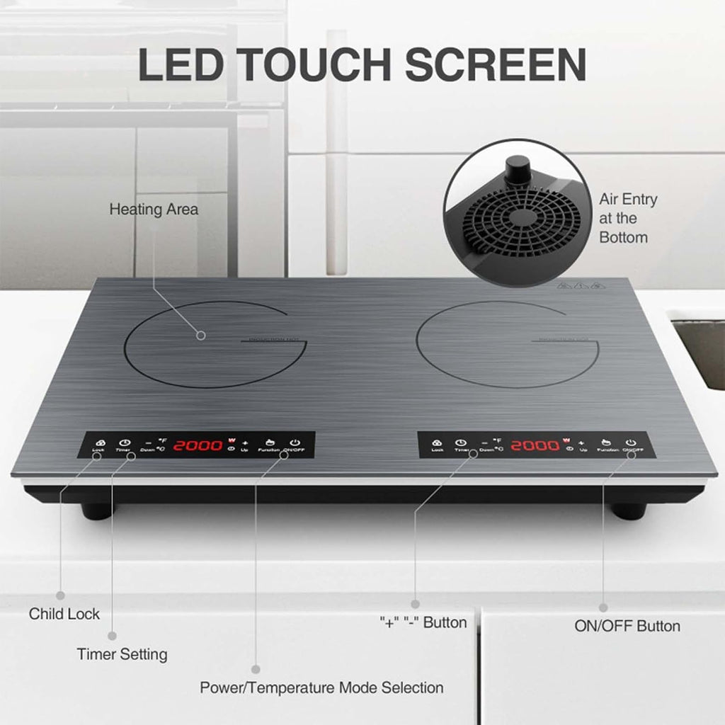 23.6Inch Portable Induction Cooktop with 2 Burners, 9 Power Levels (2000W*2), Timer (1Min-180Mins)/Child Lock-Over-Heat Protection-Sensor Touch