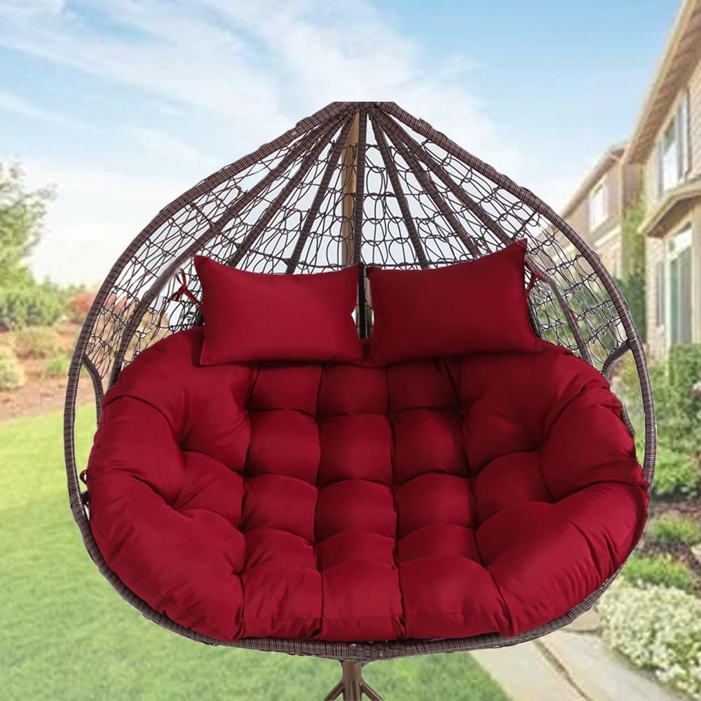 Oversized Double Papasan Chair Cushion 59 x 39 Inch (Without Chair), Outdoor Waterproof Hanging Swing Chair Cushion, Patio Swivel Rocker Chair Cushion with Headrest Pillow(Wine Red)