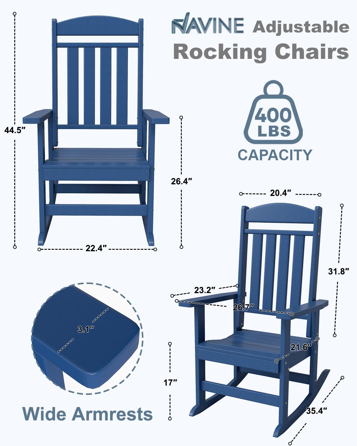 NAVINE 3-Piece Outdoor Rocking Chair Set, Oversized Porch Rocking Chair Set of 2 with Side Table, HDPE High Back Patio Rocking Chair, Suitable for Patio, Porch, Backyard, Navy Blue