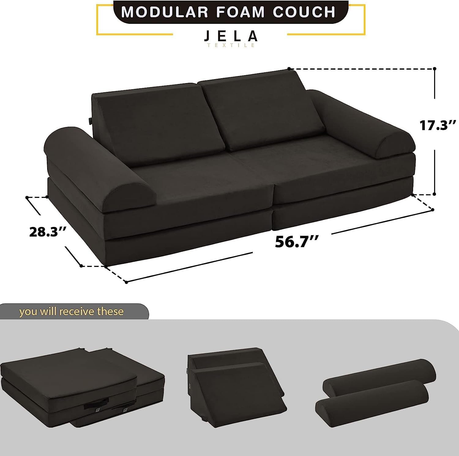 jela Kids Couch Safety Certified Play Couch Soft Kids Sofa with Machine Washable Cover Thick Foam Fort Building Set for Playroom Indoor (57'x28'x18', Charcoal)