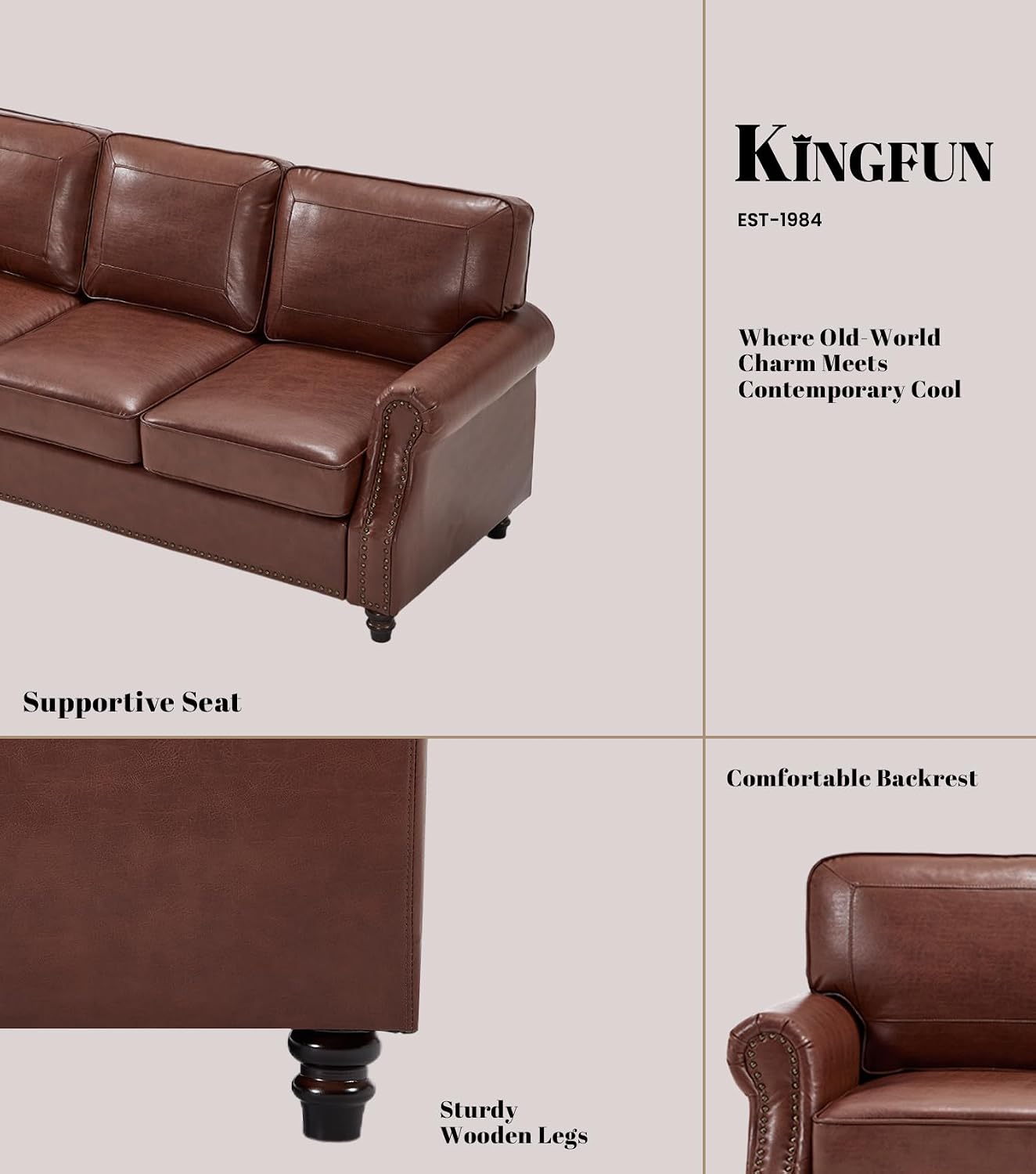 Kingfun Mid-Century Modern Couch, Faux Leather Sofa Set, 3 Seater Couch for Living Room with Rolled arms & Nailhead Trim, Dark Coffee