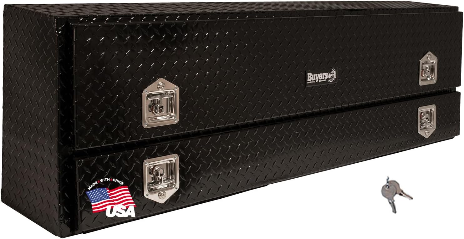 Buyers Products 1725660 Black Diamond Tread Aluminum Contractor Truck Tool Box – 2-Tier Storage, 96 x 21 x 13.2 in, Flip-Up Door with Gas Shocks, Weather-Resistant, No-Drill Install – Made in USA