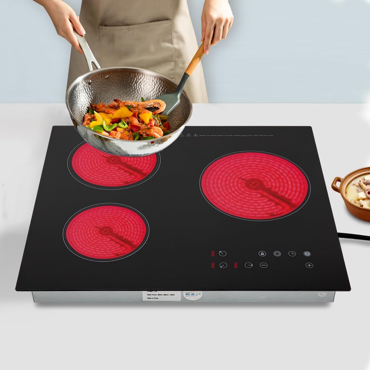 Electric Ceramic Cooktop, 23.2 Inch Electric Cooktop, 2600W 110V 3 Burners Radiant Stove Top with Timer, Child Safety Lock, Sensor Touch Control