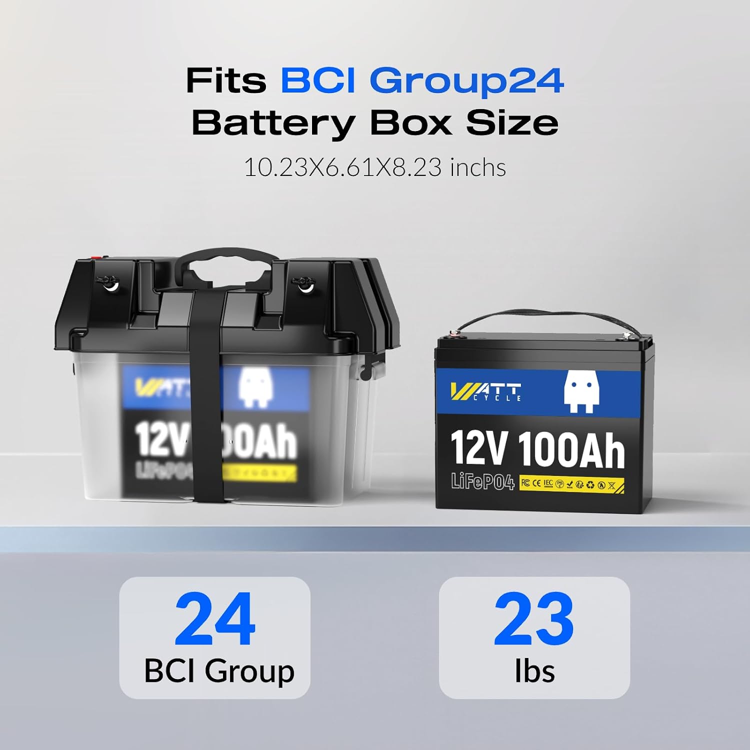 Wattcycle 12V 100Ah LiFePO4 Lithium Battery - BCI Group 24, 15000 Cycles, Built-in 100A BMS, Low-Temperature Protection - Ideal for RVs, Golf Cart, Home Energy Storage, Boats and Marine Applications
