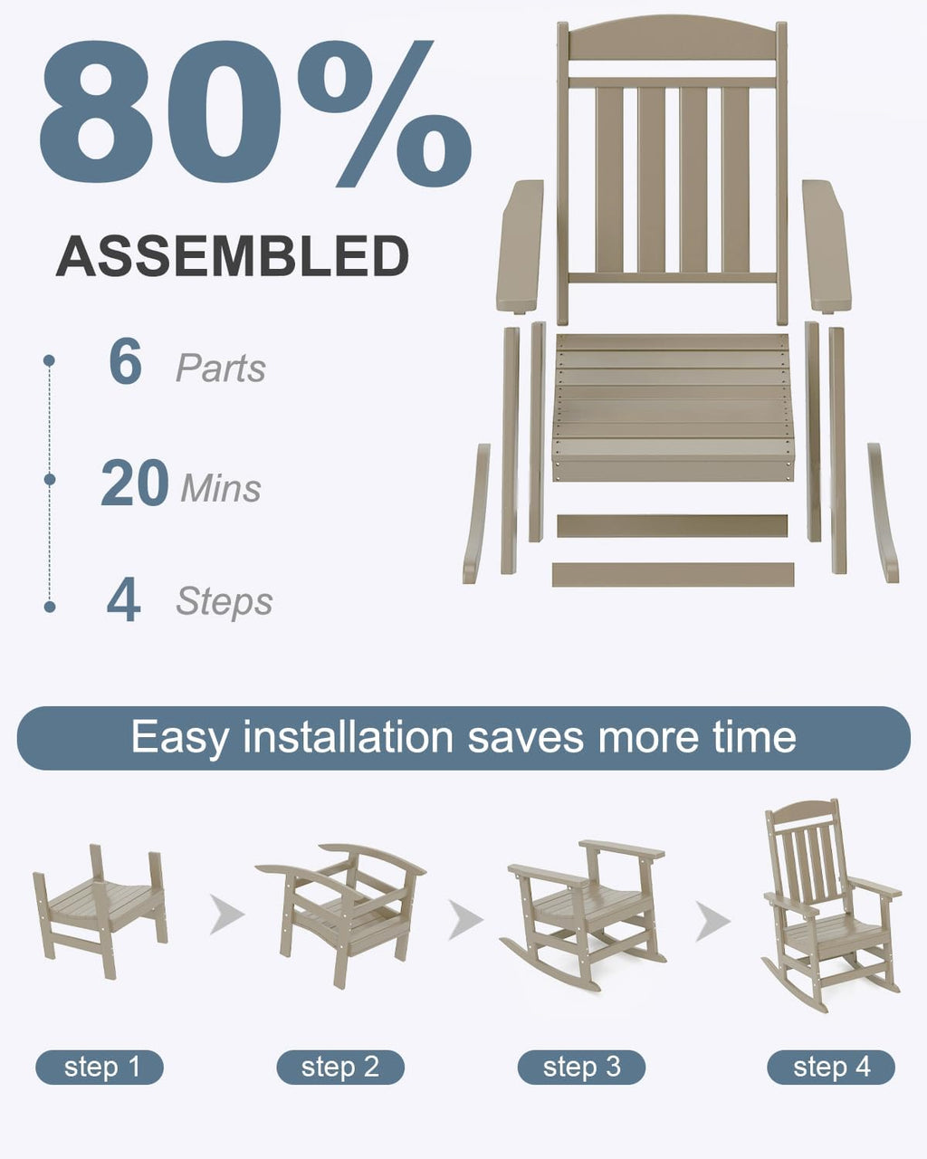 NAVINE Outdoor Rocking Chairs, Oversized High Back Patio Rocking Chairs, All Weather Porch Rocking Chairs for Outside. Brown
