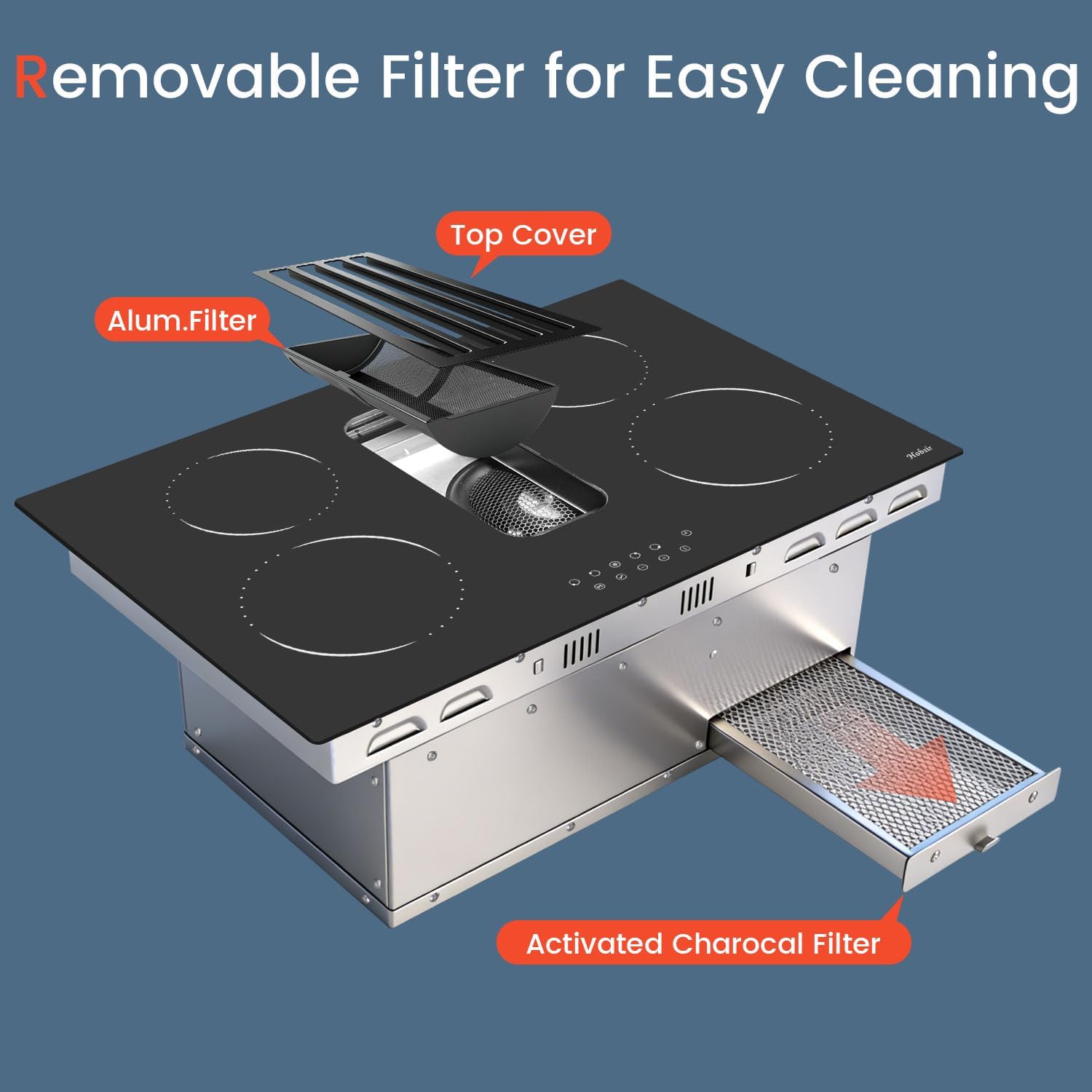 Hobsir Electric Cooktop 30 Inch with Downdraft, 4 Burner Radiant Cook top 6000W, Ductless Downdraft Electric Cooktop 496m³/h, 30' Stove Top with 9 Power Level, Timer, Safety Lock, 220V