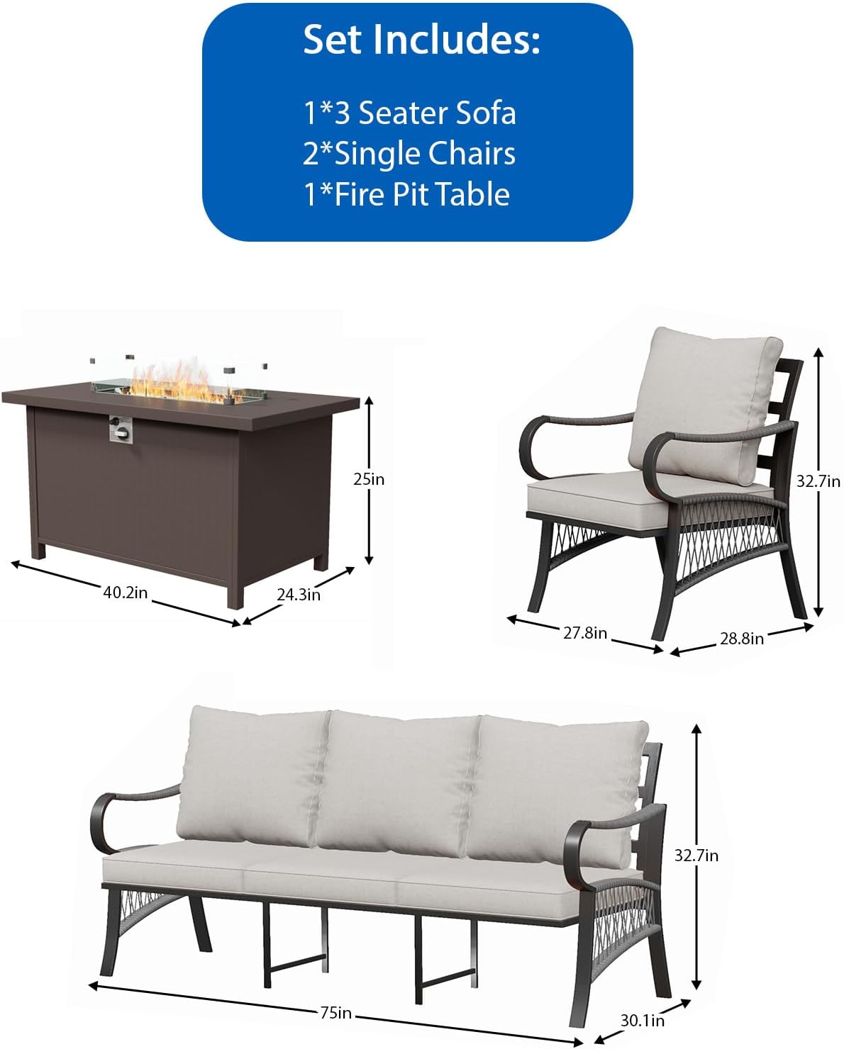 4 Piece Patio Furniture Set with 50000 BTU Propane Fire Pit Table, All Weather Metal Outdoor Conversation Sofa Set with Thick Cushions for Garden, Porch, Lawn, Beige