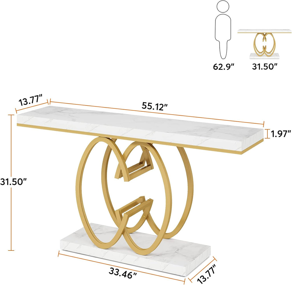 Tribesigns 55 Inch Console Table for Hallway, Faux Marble Gold Entryway Table with Geometric Metal Base, Modern Narrow Sofa Accent Table for Entrance, Living Room, Foyer (White & Gold)