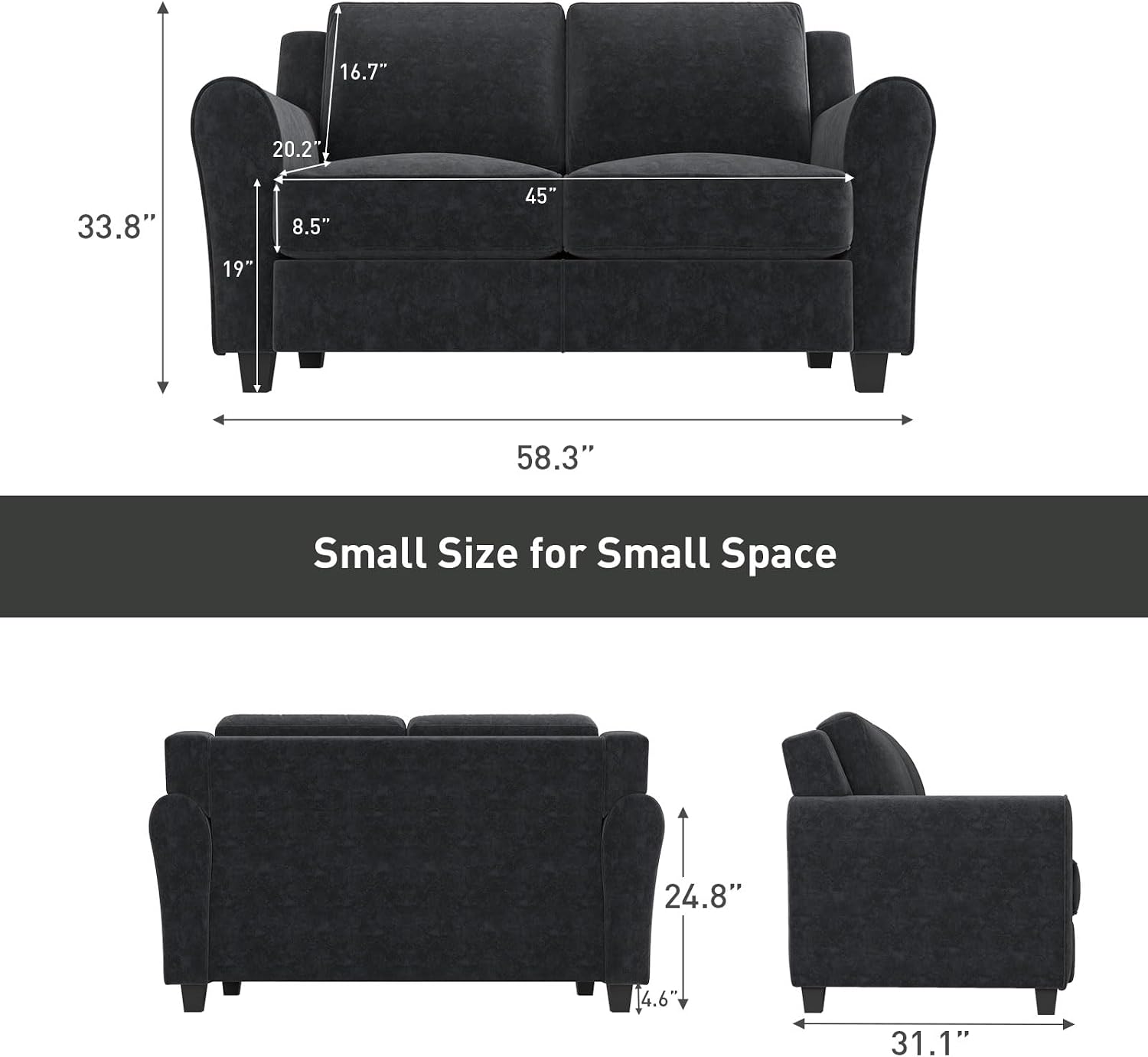 Bonzy Home 58' Loveseat Couches for Living Room, 2 Seater Modern Comfy Love Seat with Thick Cushion for Small Space Home Apartment Office Studio