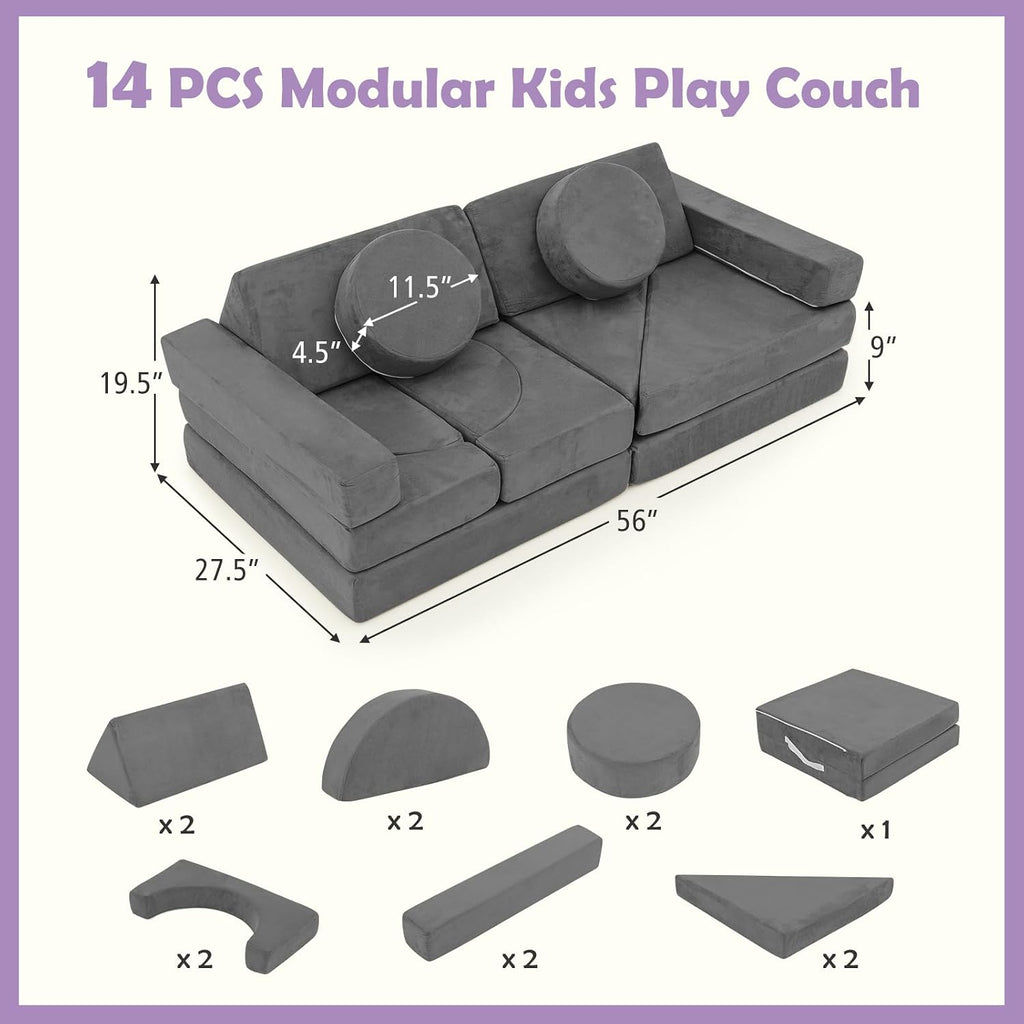 Costzon 14 PCS Modular Kids Play Couch, Child Sectional Sofa, Versatile Toddler Soft Building Blocks Sofa Playset for Playroom Bedroom, Convertible Foam and Floor Cushion for Boys Girls Gifts (Gray)