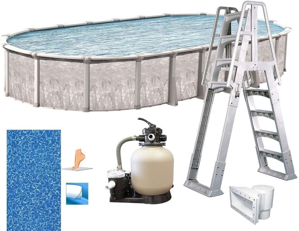 In The Swim 15' x 26' Oval Above Ground Swimming Pool - Marina Package - Featuring: Sand Filter, Pump System and A-Frame Ladder
