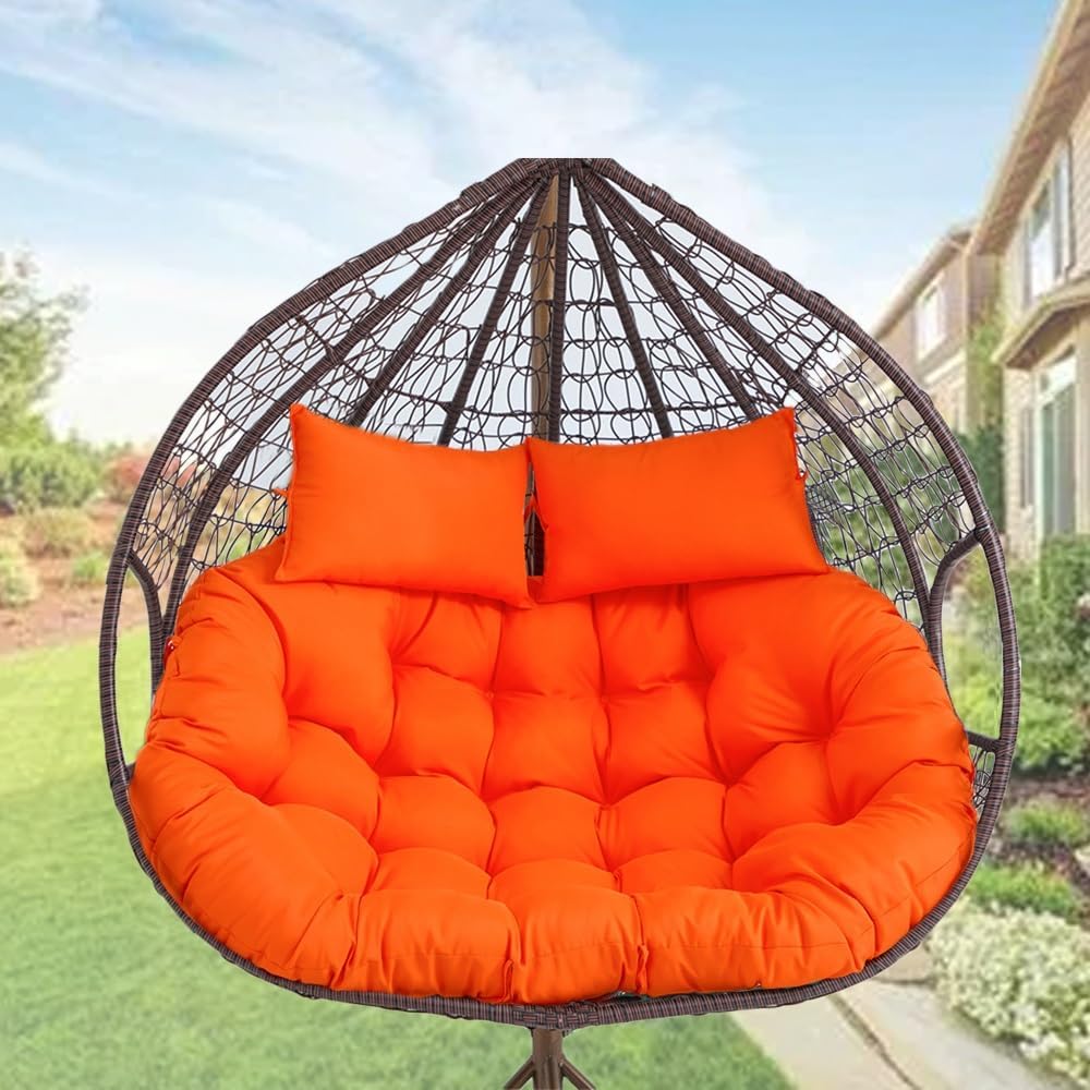 Oversized Double Papasan Chair Cushion 59 x 39 Inch (Without Chair), Outdoor Waterproof Hanging Swing Chair Cushion, Patio Swivel Rocker Chair Cushion with Headrest Pillow(Orange)