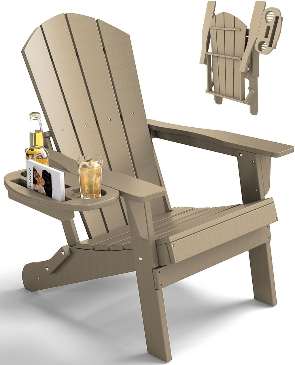 FOOWIN Folding Adirondack Chair, HDPE Adirondack Chairs with Cup Holder, Weather Resistant Plastic Fire Pit Chairs for Outdoor, Patio, Lawn, Garden, Backyard, Deck, Brown