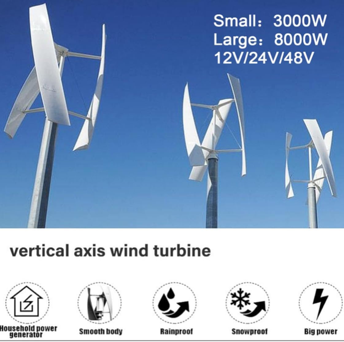 3000W Vertical Wind Turbine Generator with Controller & Grid Inverter, 8000W Home Wind Power System, Efficient Renewable Energy Solution for Off-Grid & On-Grid Use