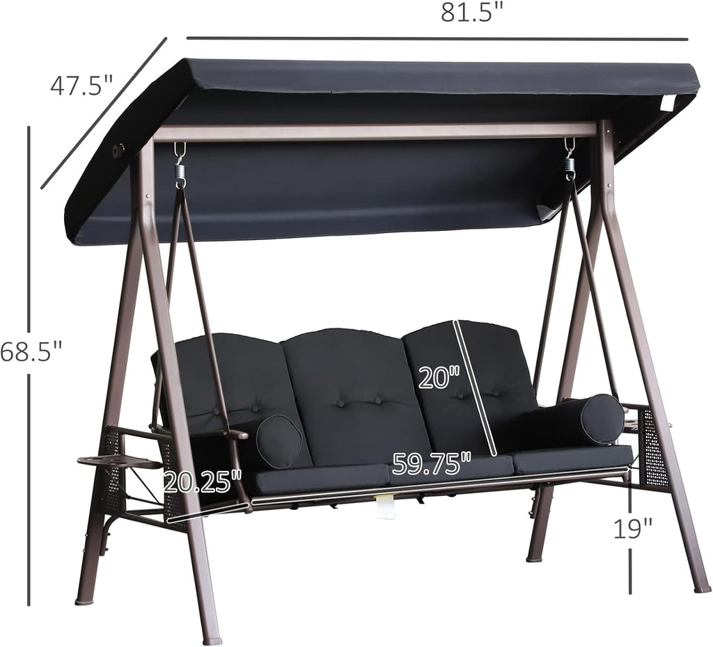 Outsunny 3-Seat Patio Swing Chair, Outdoor Porch Swing Glider with Adjustable Canopy, Removable Cushion, Pillows and Side Trays, for Garden, Poolside, Backyard, Black