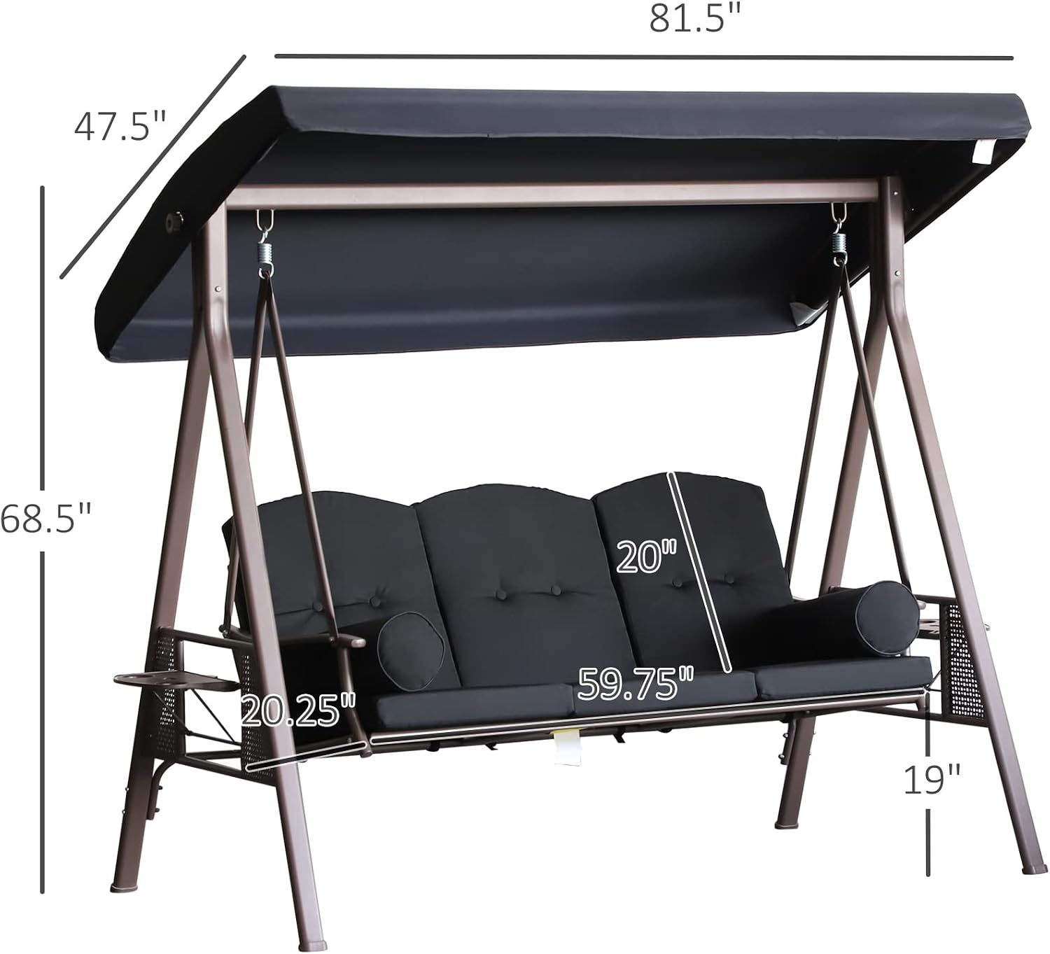 Outsunny 3-Seat Patio Swing Chair, Outdoor Porch Swing Glider with Adjustable Canopy, Removable Cushion, Pillows and Side Trays, for Garden, Poolside, Backyard, Black
