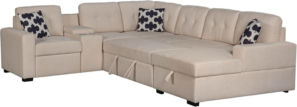 Ball & Cast L-Shape Convertible Sectional Sleeper Sofa Bed 2 in 1 Pull Out Couch with Storage Chaise & Cup Holders,6 Seat Chenille Upholstered Reversible Sleeper Corner Couch for Living Room,Beige
