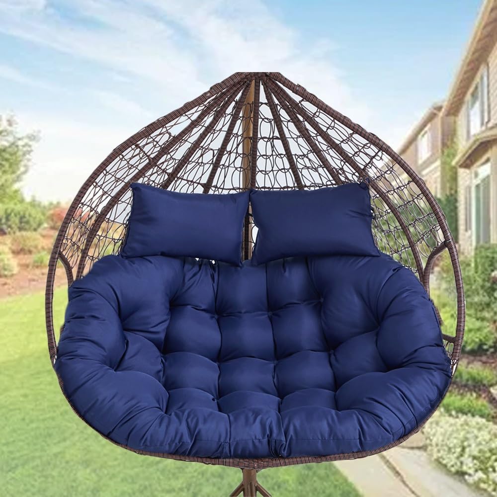 Oversized Double Papasan Chair Cushion 59 x 39 Inch (Without Chair), Outdoor Waterproof Hanging Swing Chair Cushion, Patio Swivel Rocker Chair Cushion with Headrest Pillow(Navy Blue)