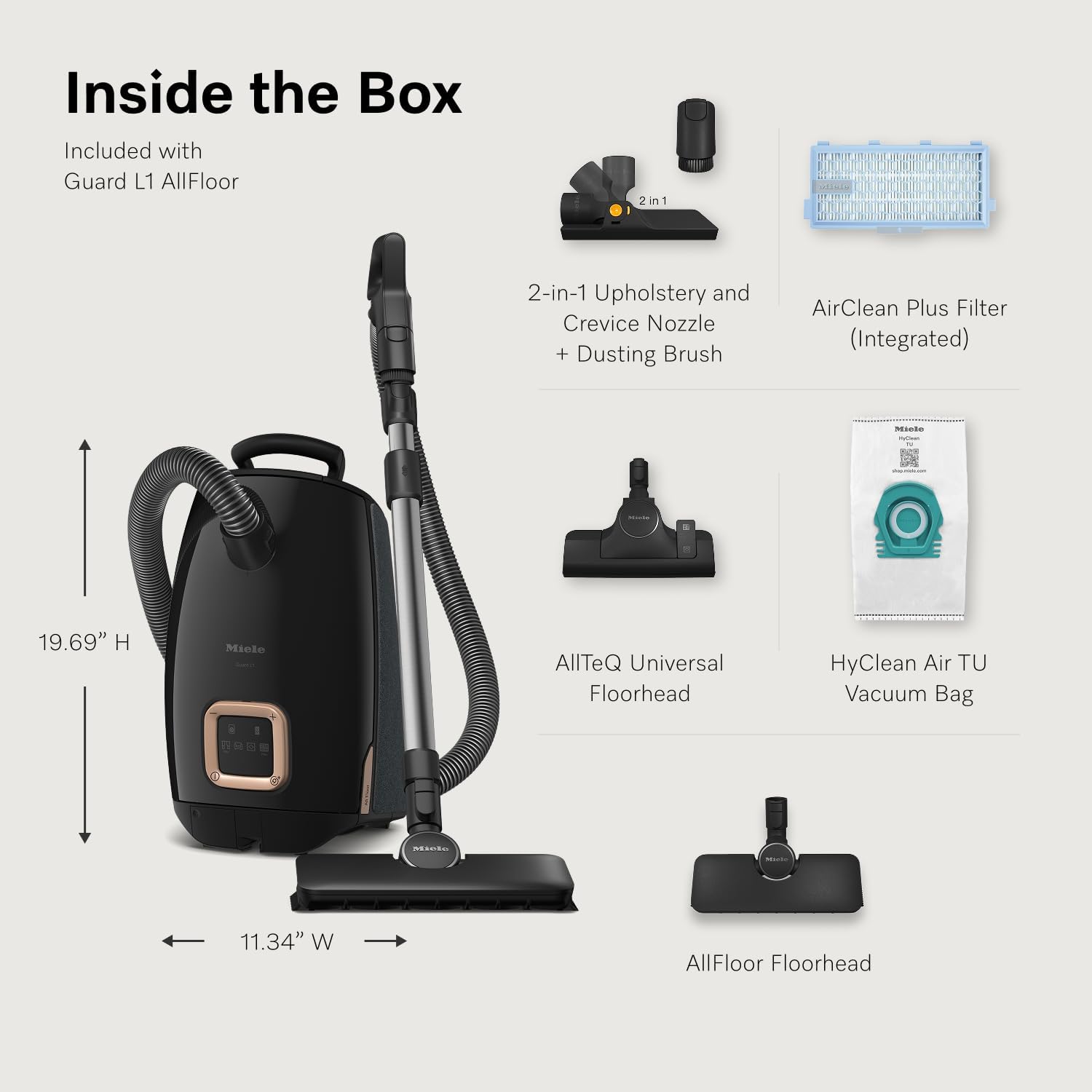 NEW Miele Guard L1 AllFloor Bagged Canister Vacuum Cleaner with AirClean Plus Filter, AllTeQ Universal Floorhead, and AllFloor Floorbrush, LED Display Panel, in Obsidian Black/Rose Gold