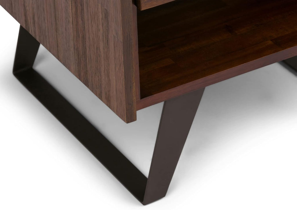 SIMPLIHOME Lowry End Table - 22 inch Wide Solid Acacia Wood Square Accent Table with Drawer and Open Shelf in Distressed Charcoal Brown, Modern Industrial Lamp Stand with Angled Legs for Living Room