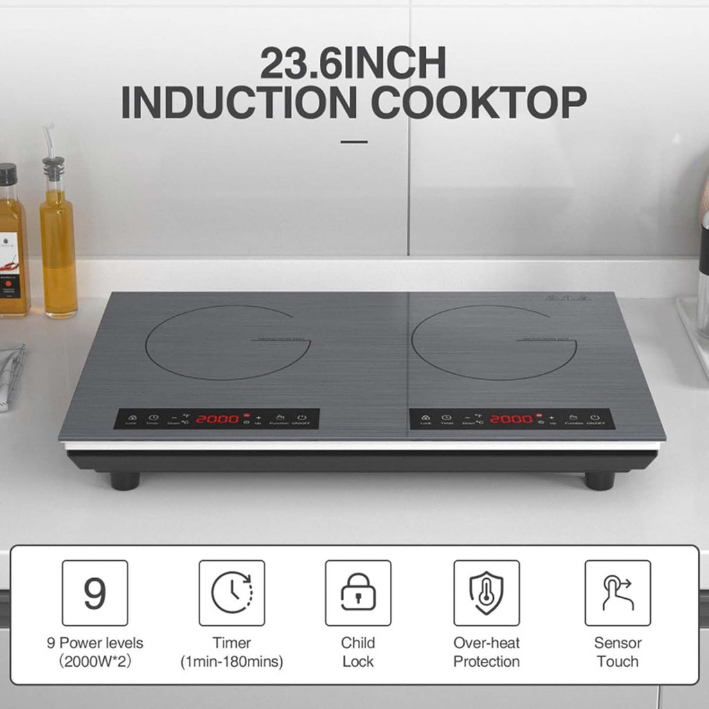 23.6Inch Portable Induction Cooktop with 2 Burners, 9 Power Levels (2000W*2), Timer (1Min-180Mins)/Child Lock-Over-Heat Protection-Sensor Touch