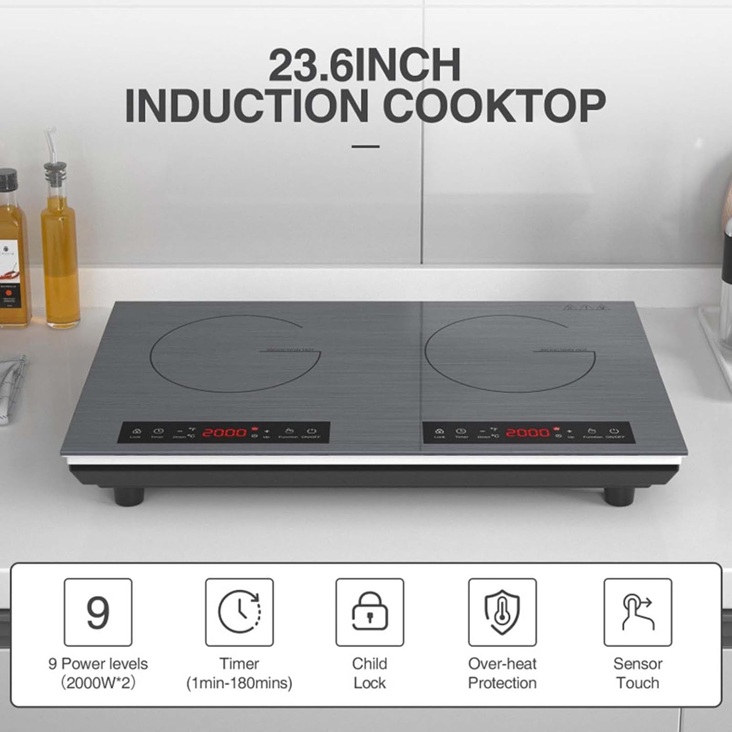 23.6Inch Portable Induction Cooktop with 2 Burners, 9 Power Levels (2000W*2), Timer (1Min-180Mins)/Child Lock-Over-Heat Protection-Sensor Touch