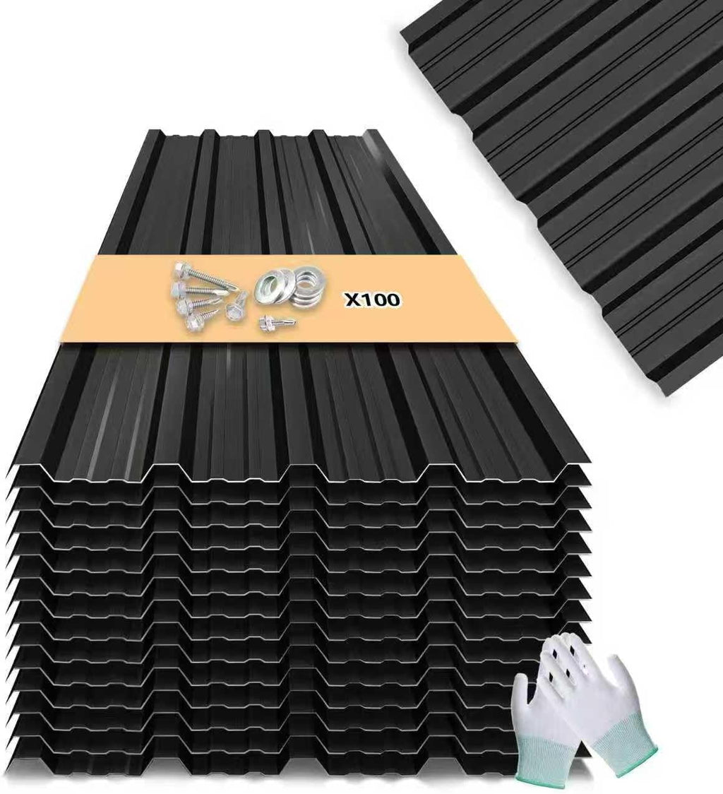 Metal Roofing Panels - 10 Pcs Waterproof Heavy Duty Metal Roof Panels Corrugated Metal Siding for Roofs Carports Tool Sheds Patio Porch Pergola, Easy to Install Black, 42.5x17.7in