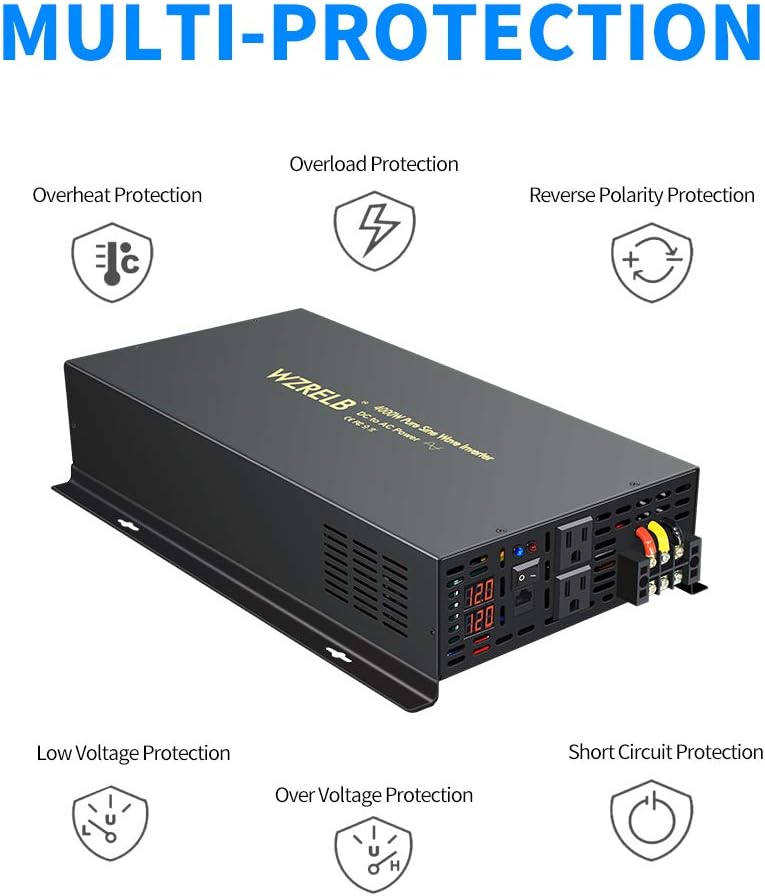 WZRELB 4000W 12VDC 120VAC Pure Sine Wave Power Inverter, 2 AC Outlets, Wired Remote Control, RV (RBP-400012WR)