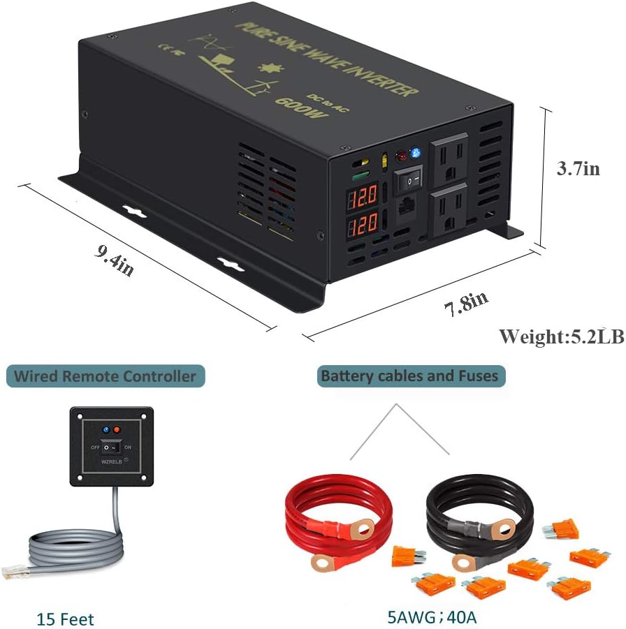 WZRELB 600W 12V 120V Pure Sine Wave Power Inverter with 2 AC Outlets Wired Remote Control