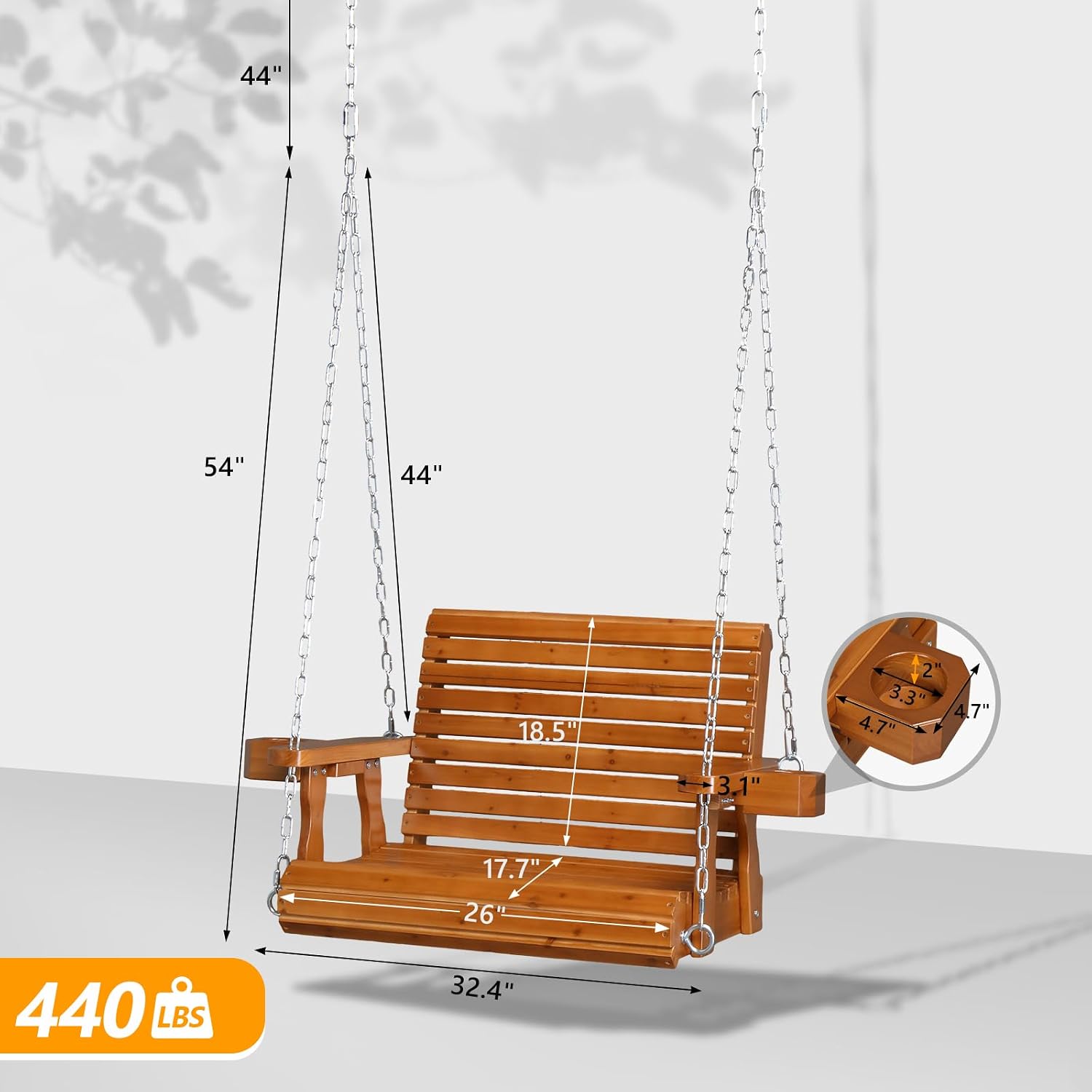 VINGLI Heavy Duty 440 LBS 1-Person Wooden Patio Porch Swing with Deeper Seat & Higher Backrest & Extra Cup Holder for Adults & Kids, Outdoor Single Porch Swing for Porch, Yard, Balcony, Tree (Brown)