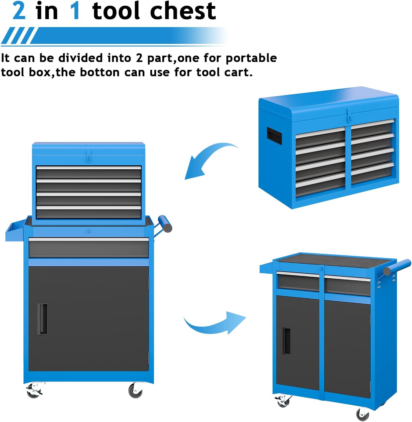 AirWire 5-Drawer Rolling Metal Tool Storage Cabinet with Detachable Top Tool Box, for Garage Workshop - Blue