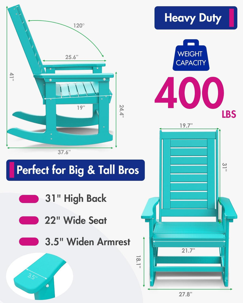 BRIOPAWS Outdoor Rocking Chairs Set of 2 | HDPE Plastic | Porch Rockers | Aqua | Oversized | Patio Rocker Chair | High Back | for Big Man | Weather Resistant | for Outside Deck Balcony Front Backyard