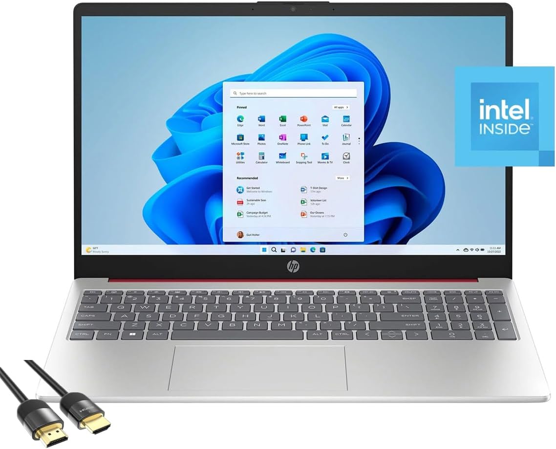 HP Laptop for Business & Students, 15.6'' HD Anti-Glare Display, Intel 4-Cores N200, 16GB RAM, 128GB UFS, Wi-Fi 6, Webcam, HDMI, USB-C, PDG HDMI Cable, Windows 11 Home in S Mode, Scarlet Red, 15-FD