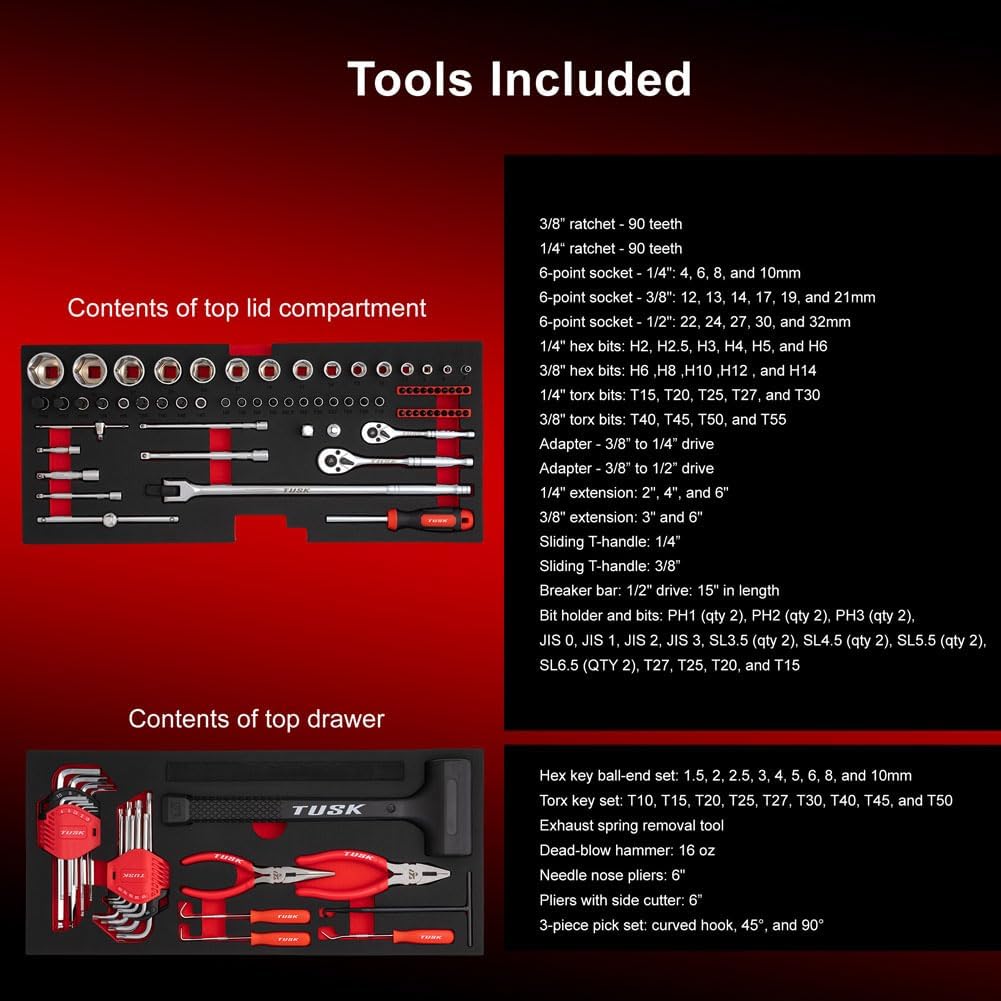 TUSK Tool Box with Tools EVA Foam Cut Outs and 129-Piece Tool Set 3-Drawer Portable Moto Box