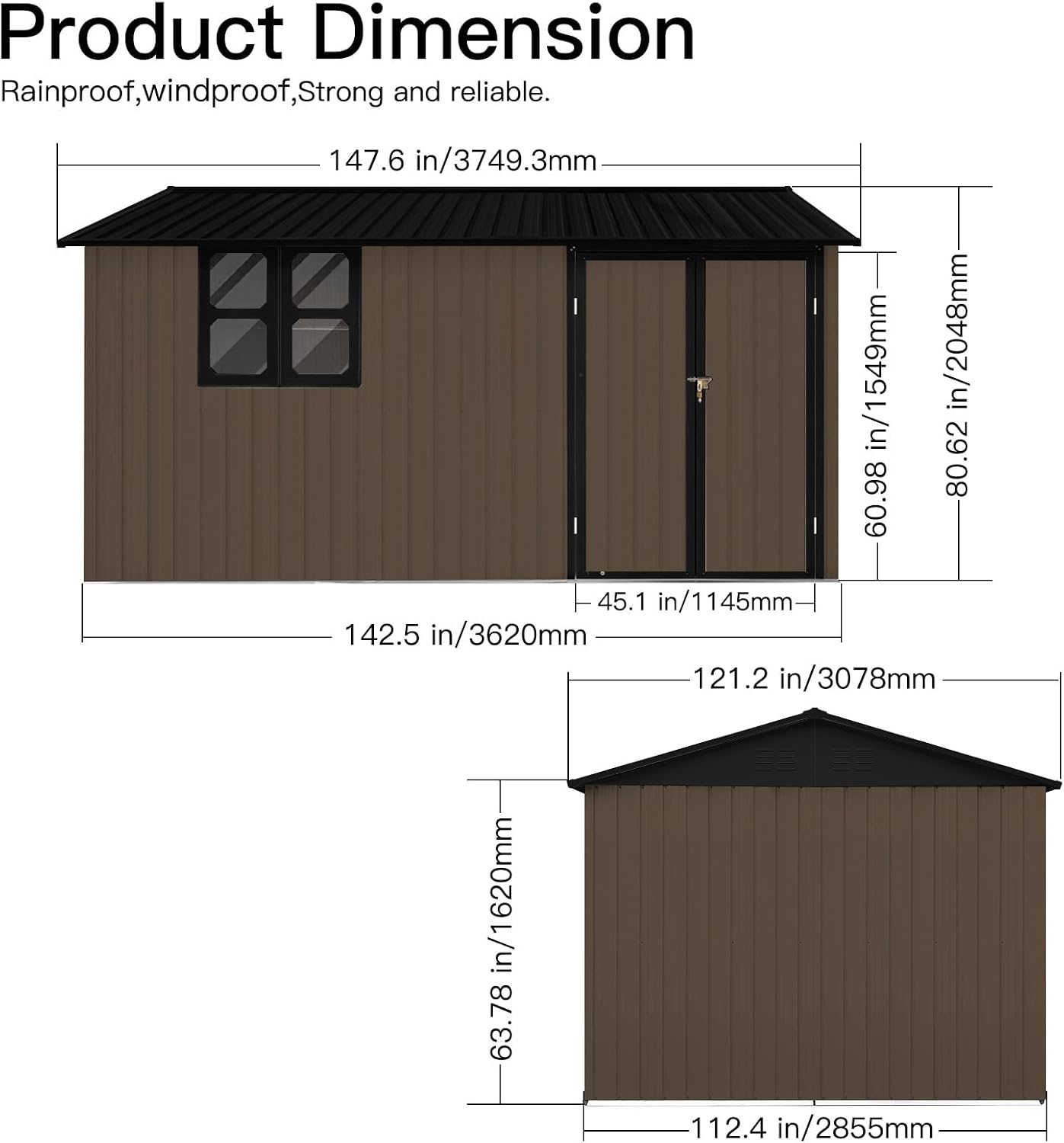 10x12 FT Outdoor Storage Shed, Large Metal Garden Shed with Window & Hinged Door, Upgraded Outside Tool Shed with Foldable Worktable & 2 Shelves, Waterproof Storage Building for Backyard, Brown+Black