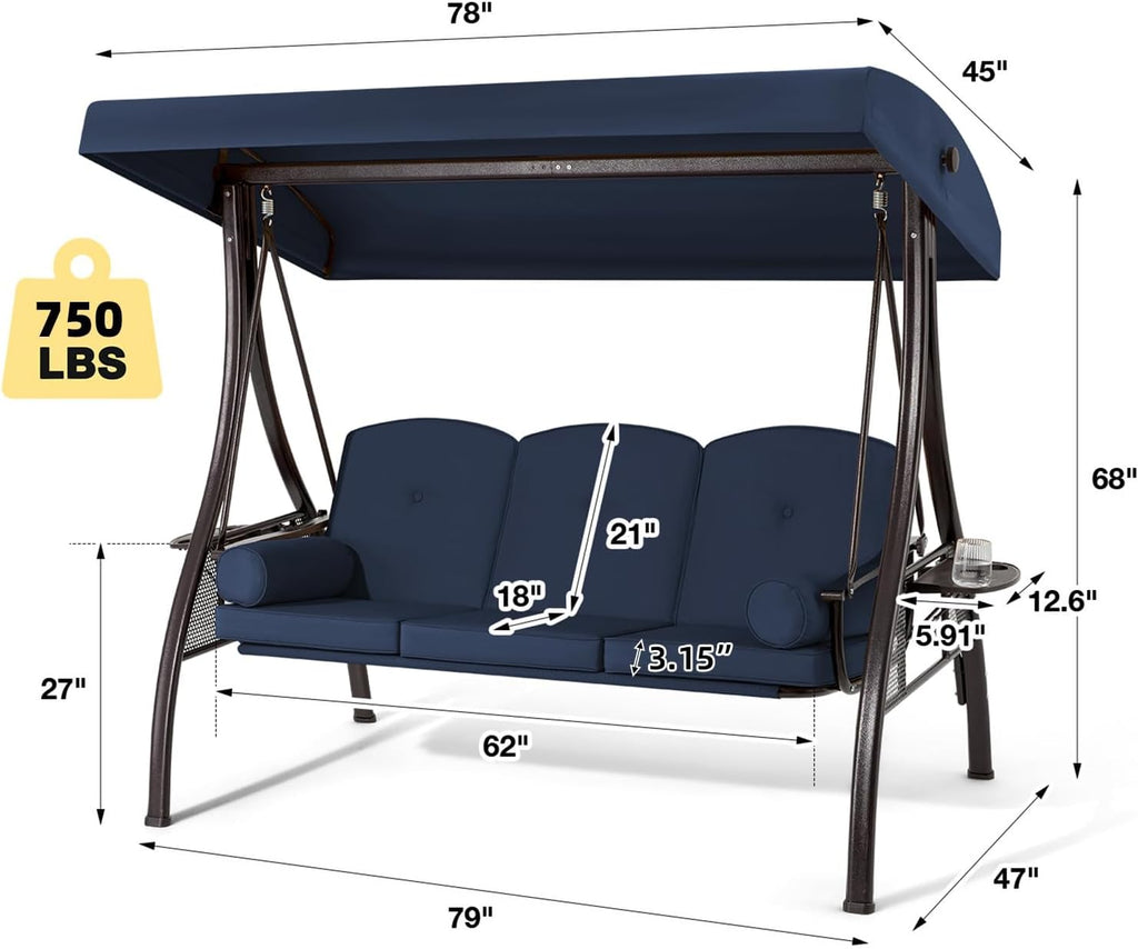 HOMREST 3 Person Outdoor Porch Swing with 1.5' Upgraded Cup Holder, Adjustable Canopy, Backrest, Patio Swing Bed with Weather Resistant Steel Frame, Cushions for Garden,Deck and Poolside(Blue)