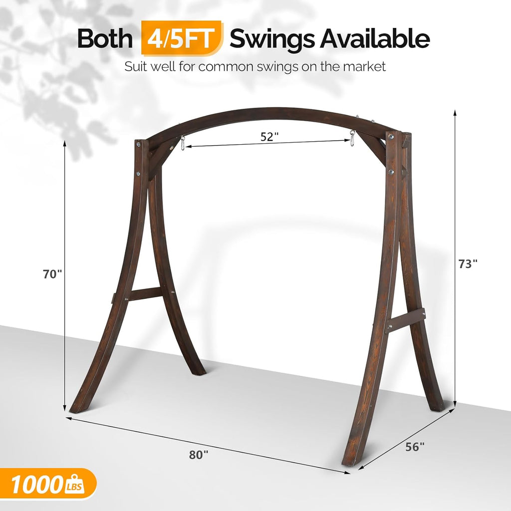VINGLI 6.7FT Porch Swing Frame, 1000LBS Heavy Duty A-Frame Wooden Porch Swing Stand with Curved Arc Top for 5FT Porch Swing, Large Swing Hanger for Garden, Patio, Backyard & Indoor, Rustic
