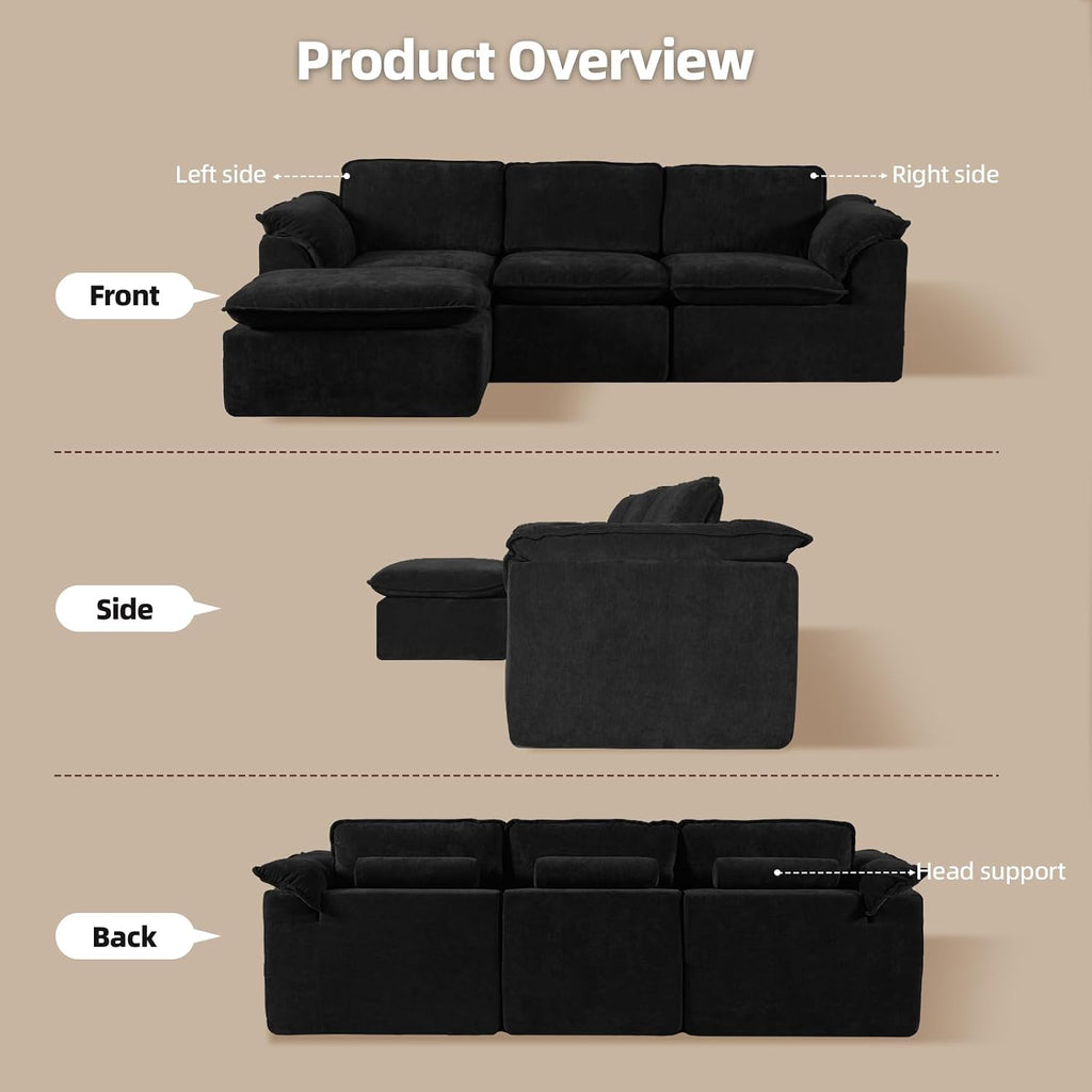 HALLYBEE 112' Cloud Couch Sectional with Padded Armrests & Moveable Ottoman Boneless Sectional Couches for Living Room Black Couch, No Assembly Required